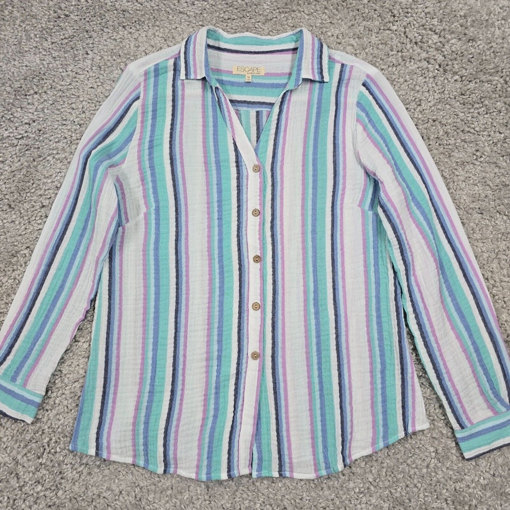 Escape by Habitat Womens Striped Gauzy Button Shirt Size Medium Coastal Casual